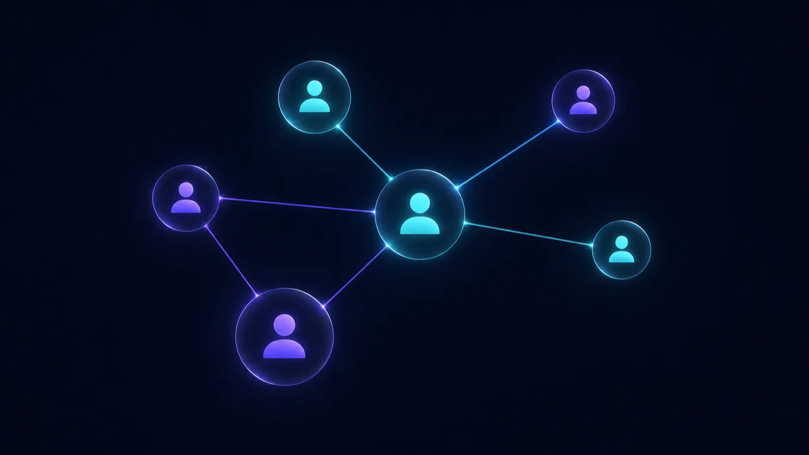 Six customer profile nodes connected by cyan and violet relationship lines