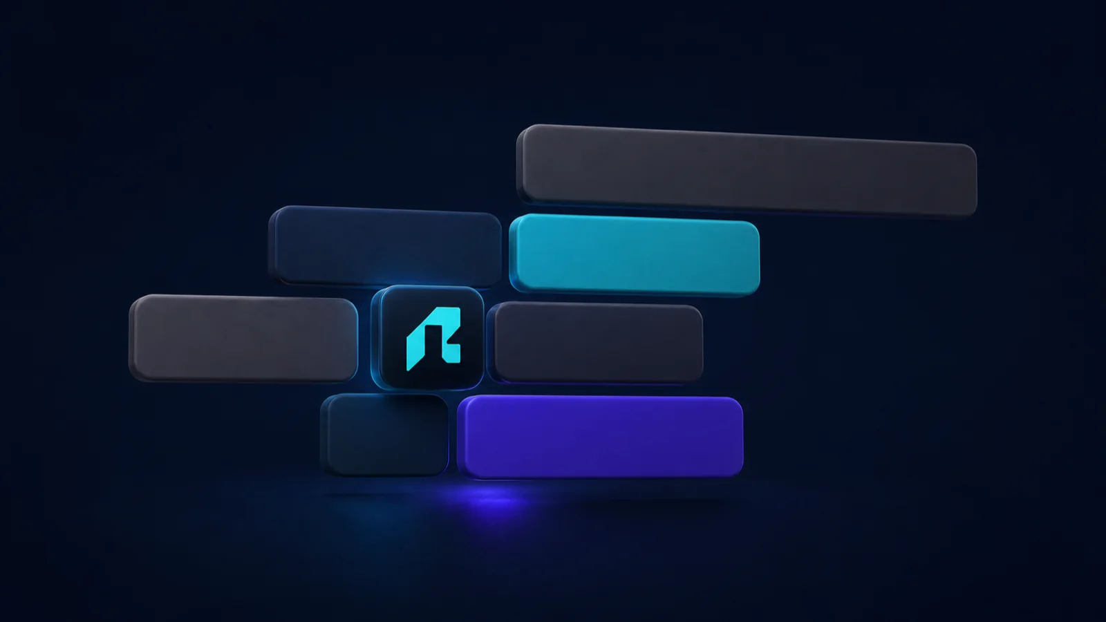 Layered Replify automation blocks glowing on a deep navy background