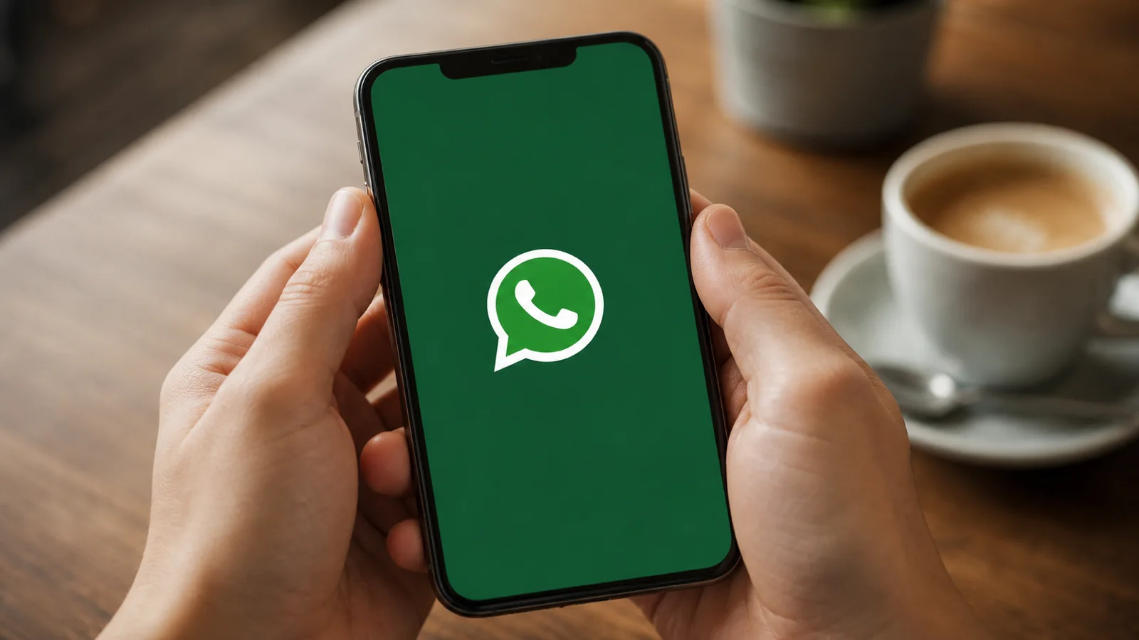 Customer holding a smartphone with WhatsApp open beside a cup of coffee